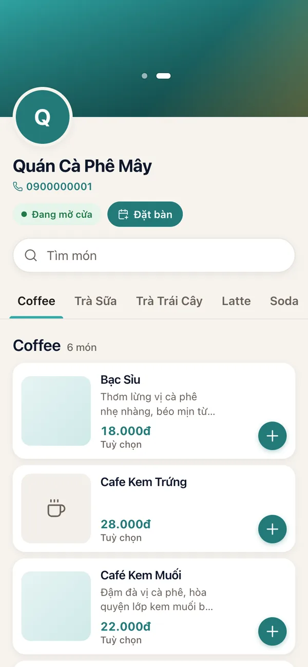 Trang đặt món online của quán trên MonkeyPOS