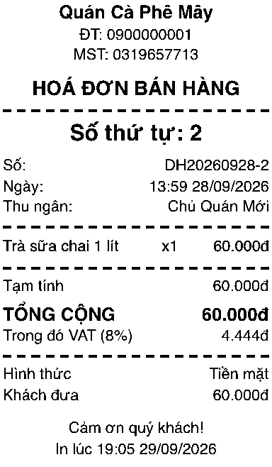Hoá đơn in từ MonkeyPOS trên giấy nhiệt 58 mm